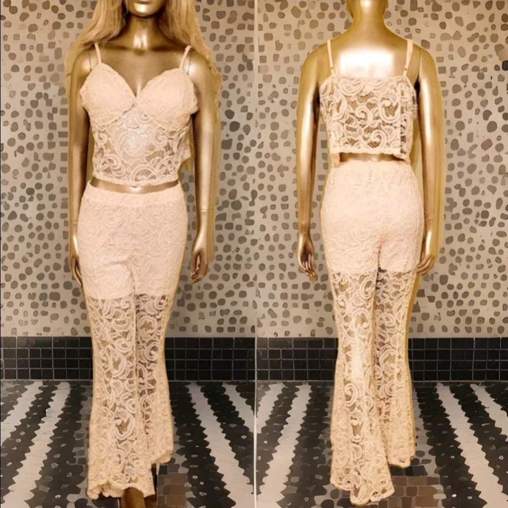 NEW VENUS Ivory Lace Flare Leg 2 Piece Bohemian Festival Beach Pant Set - Picture 15 of 16